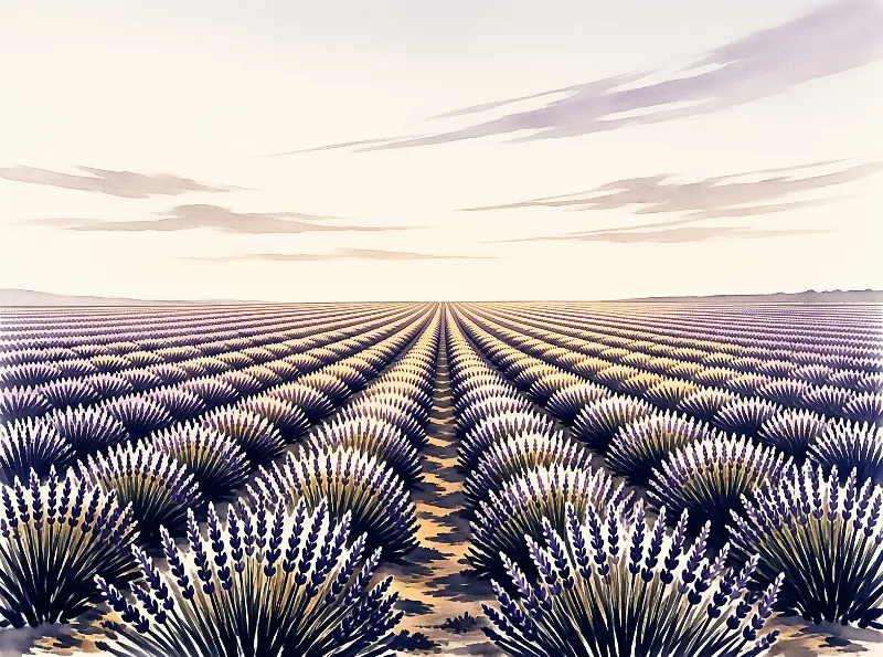 Neat rows of purple lavender reach the horizon under a pale dusk sky with faint wispy clouds