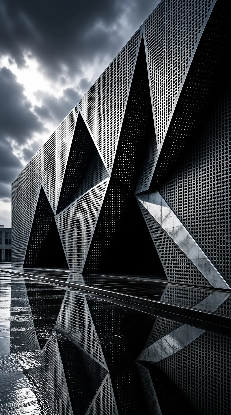 A large building with a jagged metal exterior covered in small holes stands above wet reflective pavement under a cloudy sky.