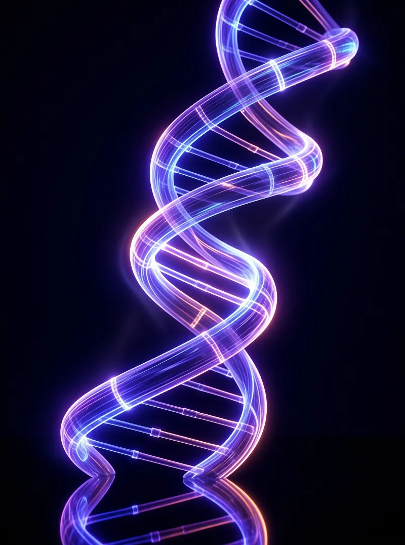 A vertical double helix structure made of glowing purple and blue tubes spirals upward against a pitch black background.