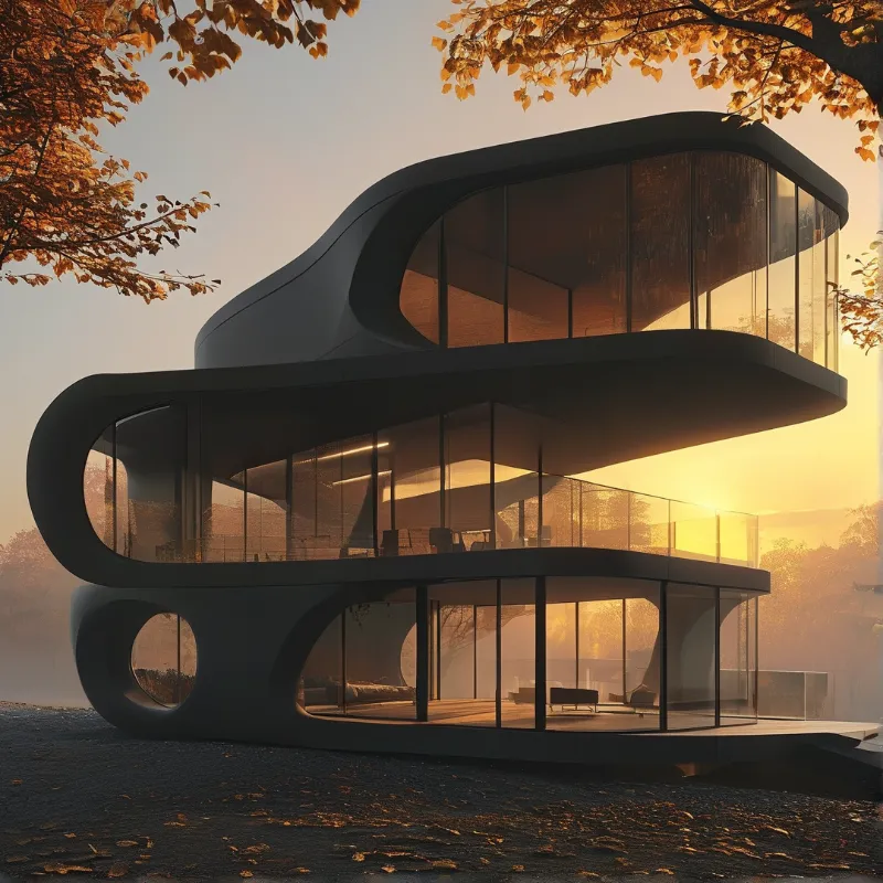A futuristic structure with flowing dark forms and glass windows rests in a forest with autumn leaves at sunset.