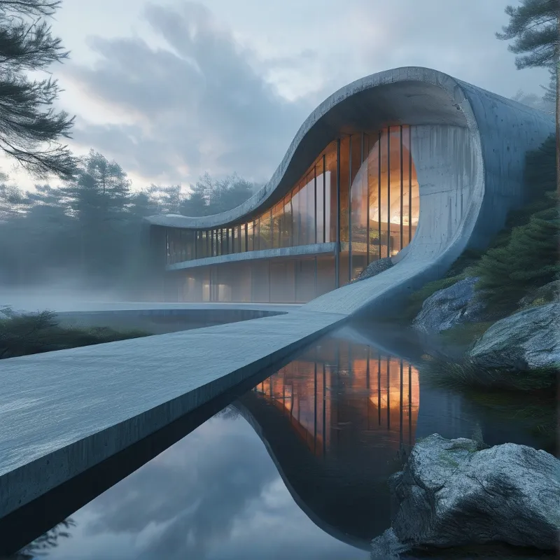 A wavy concrete home with warm glowing windows sits in a foggy pine forest, its reflection mirrored in the still cool water below.