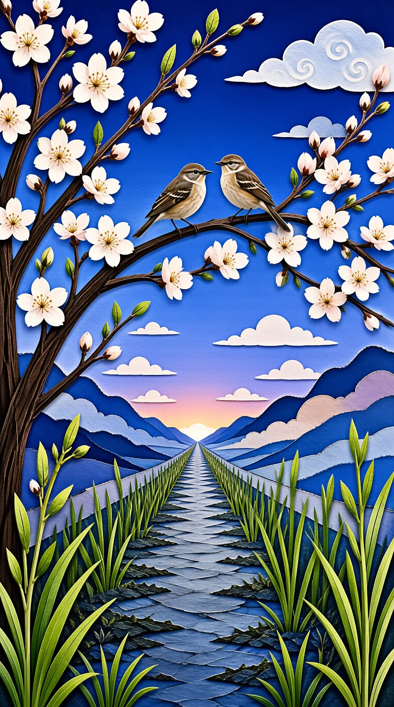 Two birds sit on a blossoming branch above a stone path leading to blue mountains under a bright sky.