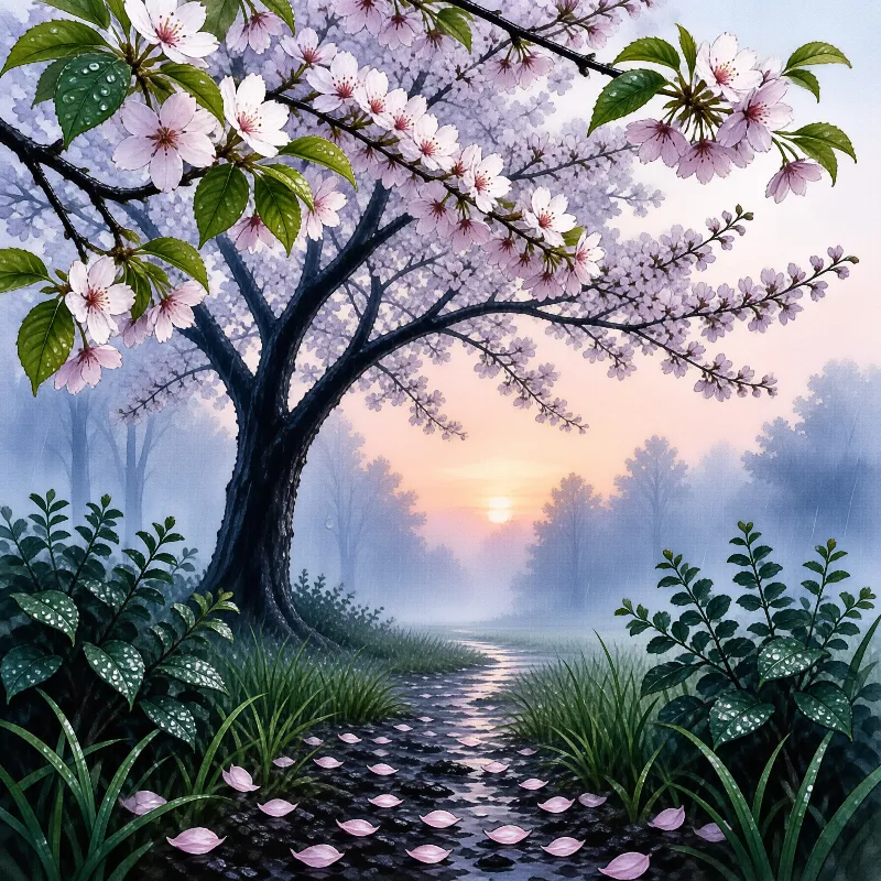 Delicate pink flowers arch over a damp trail reflecting the warm glow of a rising sun amidst fog.