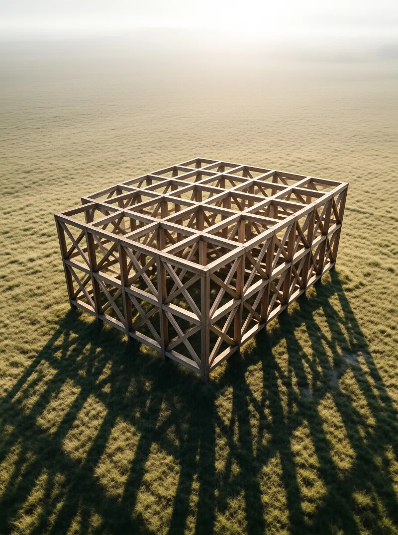 A wooden lattice framework stands isolated on a vast misty grassland with long shadows stretching across the foreground.