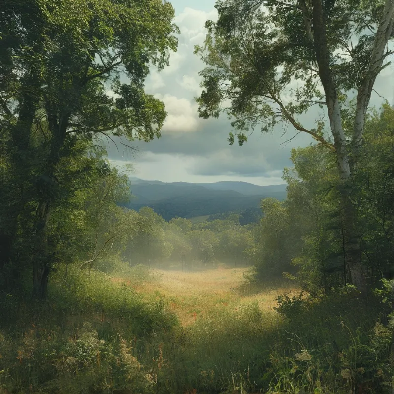 Sunlight falls on a wild grassy glade whose trees open onto forested hills beneath a bank of low cloud.