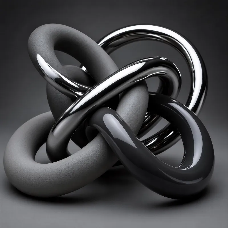 Intertwined rings featuring glossy and matte metallic surfaces on a dark gradient background