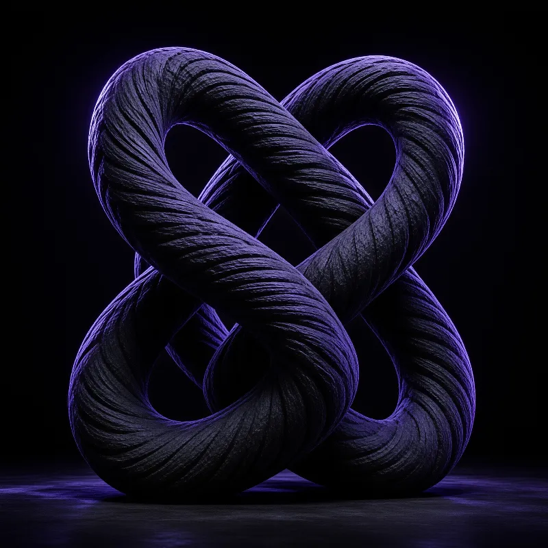 A twisted purple rope structure forms a complex knot illuminated by neon edge lighting against a black background.