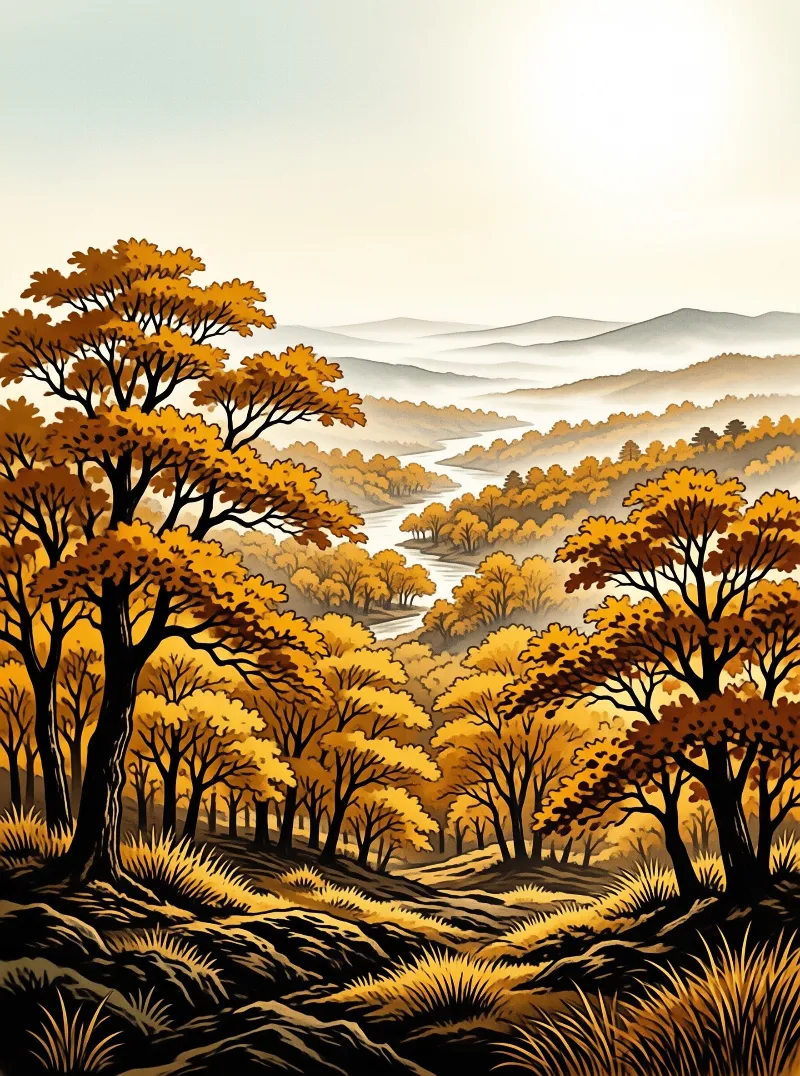 Golden autumn trees line a winding river flowing toward distant misty mountain ranges beneath a pale sky.