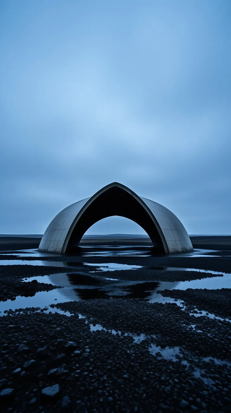 A pale concrete arch stands alone on a wet pebble beach under deep blue twilight