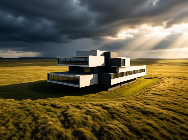 A modern structure sits on a golden grassland while bright sunlight pierces through heavy dark clouds in the dramatic sky.