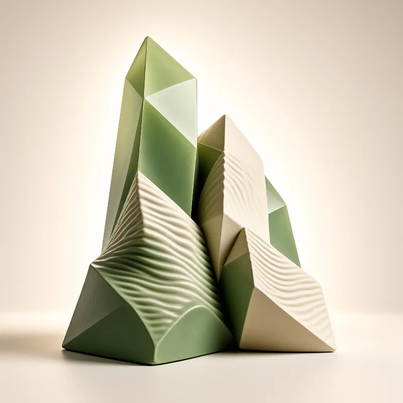 Geometric 3D rendered mountain-like forms in muted green and ivory tones with undulating carved textures on their surfaces