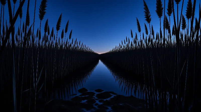 Silhouetted cattails border a still dark water channel that mirrors the deep twilight sky, leading toward a faint horizon glow.