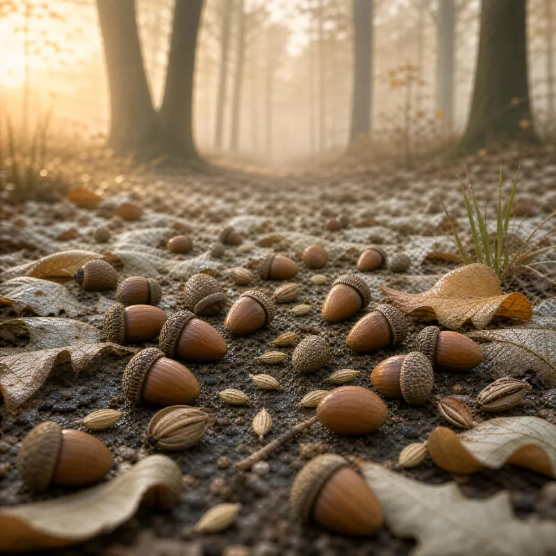 Numerous acorns scattered across a damp forest floor, surrounded by dry leaves and small seeds, with soft golden sunlight filtering through tall trees in the background