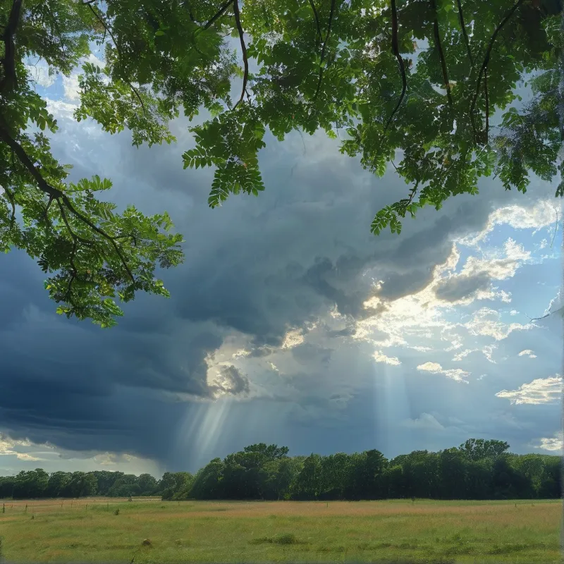 Sun rays break through dark clouds above a green meadow framed by tree branches.