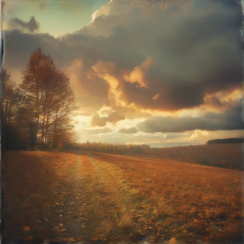 A winding path cuts through a grassy meadow while golden sunlight filters through heavy clouds over the landscape.