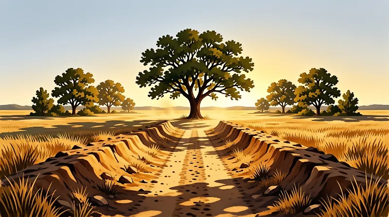 A worn dirt track cuts through a sunlit plain toward a massive leafy tree standing alone under a soft yellow sky.