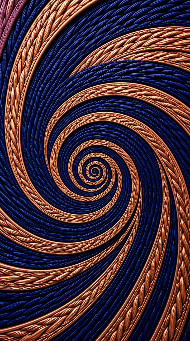 Metallic bronze and dark blue fibrous cords wind tightly into a central vanishing point.