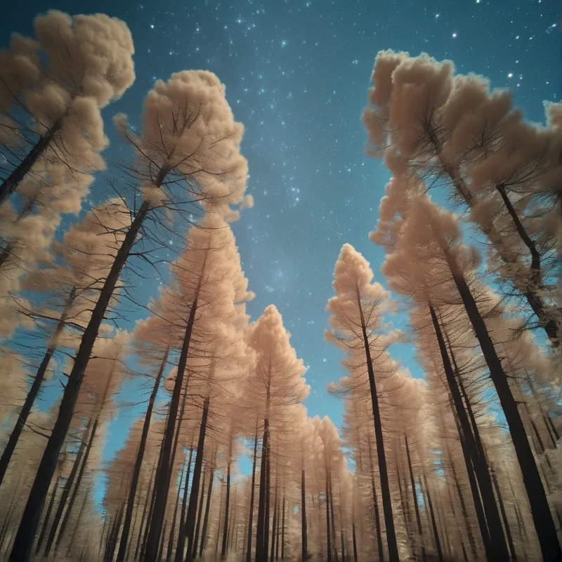 Tall trees with soft cloud-like tops stand against a deep blue night sky scattered with bright stars.