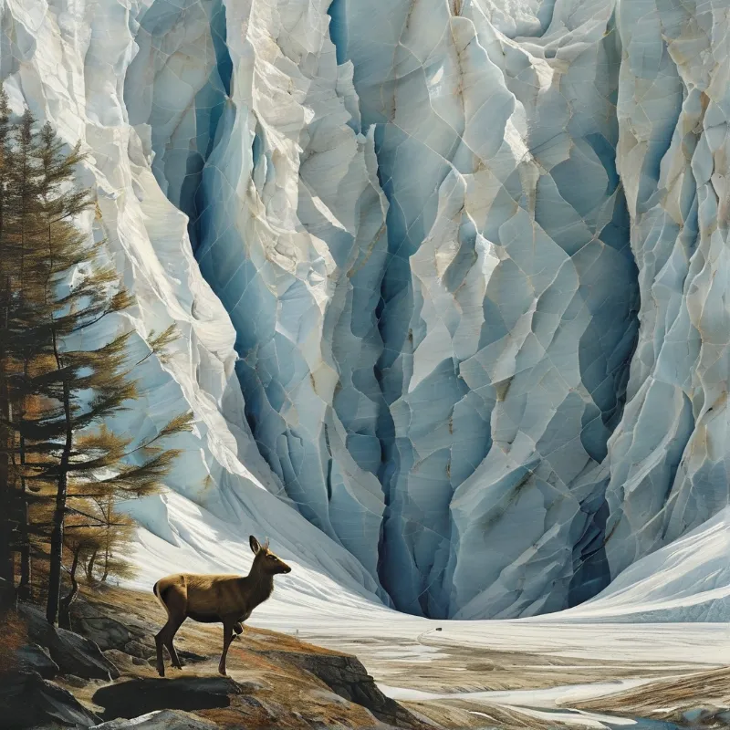 A brown chamois stands on a rocky outcrop observing a towering wall of textured blue glacial ice and deep crevasses.