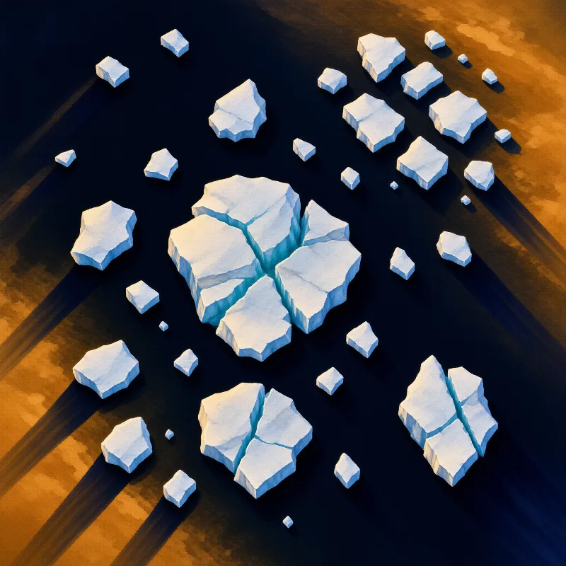 A cluster of white icy rocks rests on a dark ground illuminated by warm sunset hues.