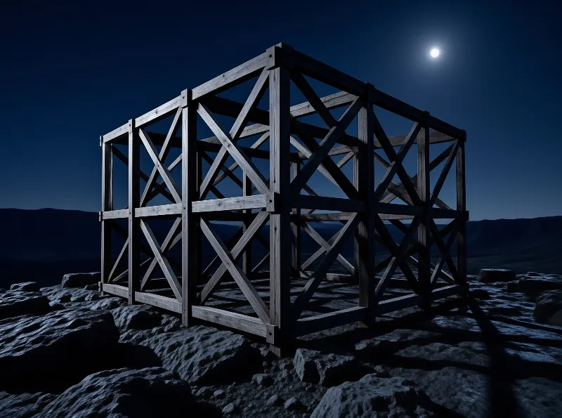 A large wooden cubic structure stands on uneven rocky ground under a dark blue sky with a visible moon.