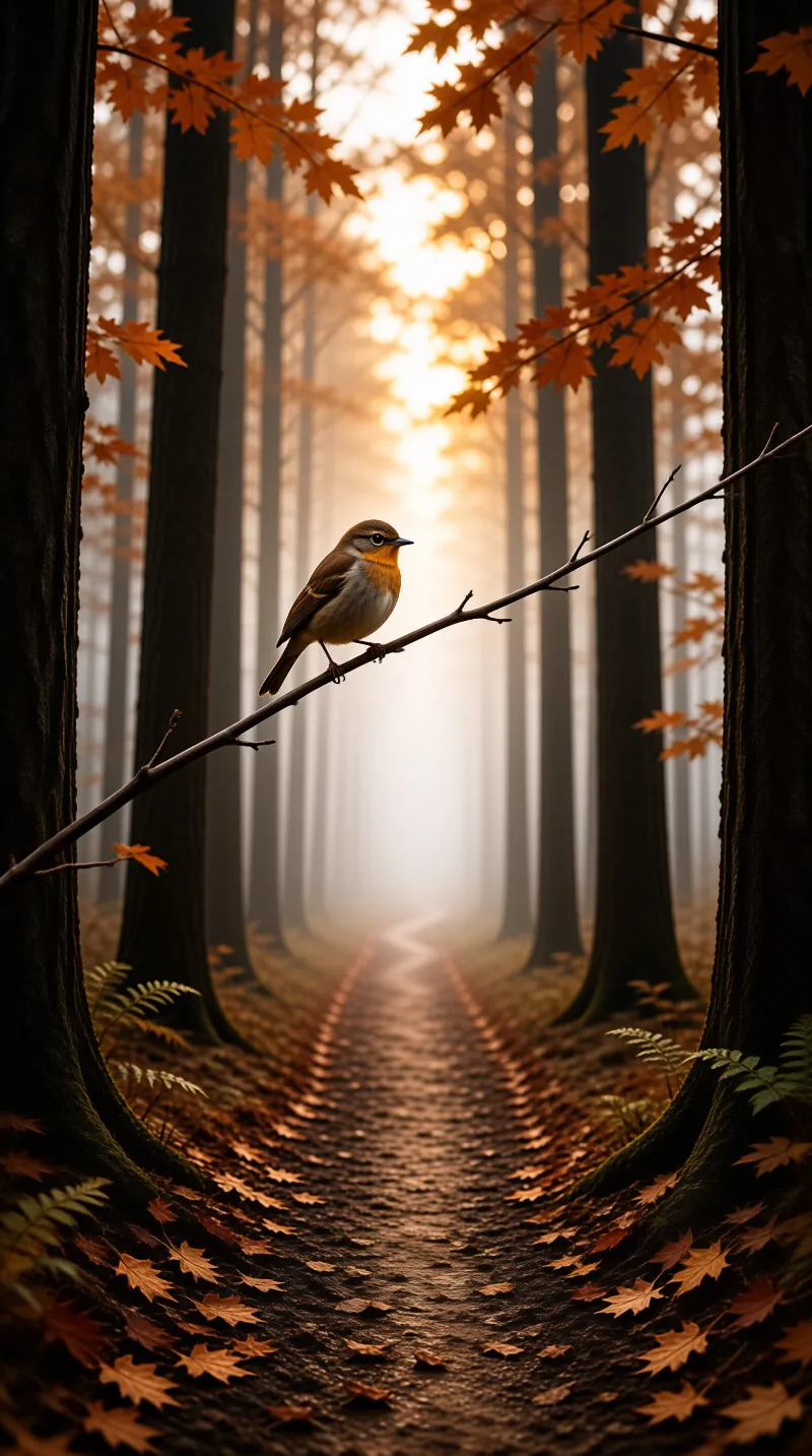 A small bird sits on a twig above a path covered in fallen leaves while golden mist fills the tall trees.