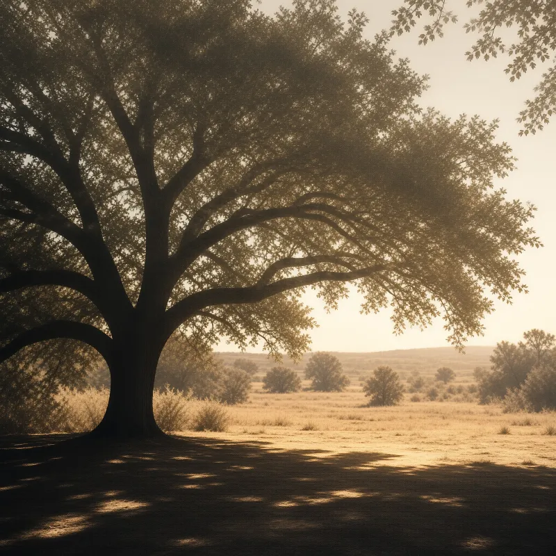 A large tree stands on the left with branches reaching across a golden field while distant hills fade into warm hazy light.