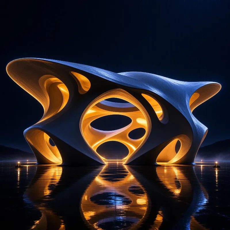 White organic architecture with warm internal lighting reflects on a dark wet surface during the night.