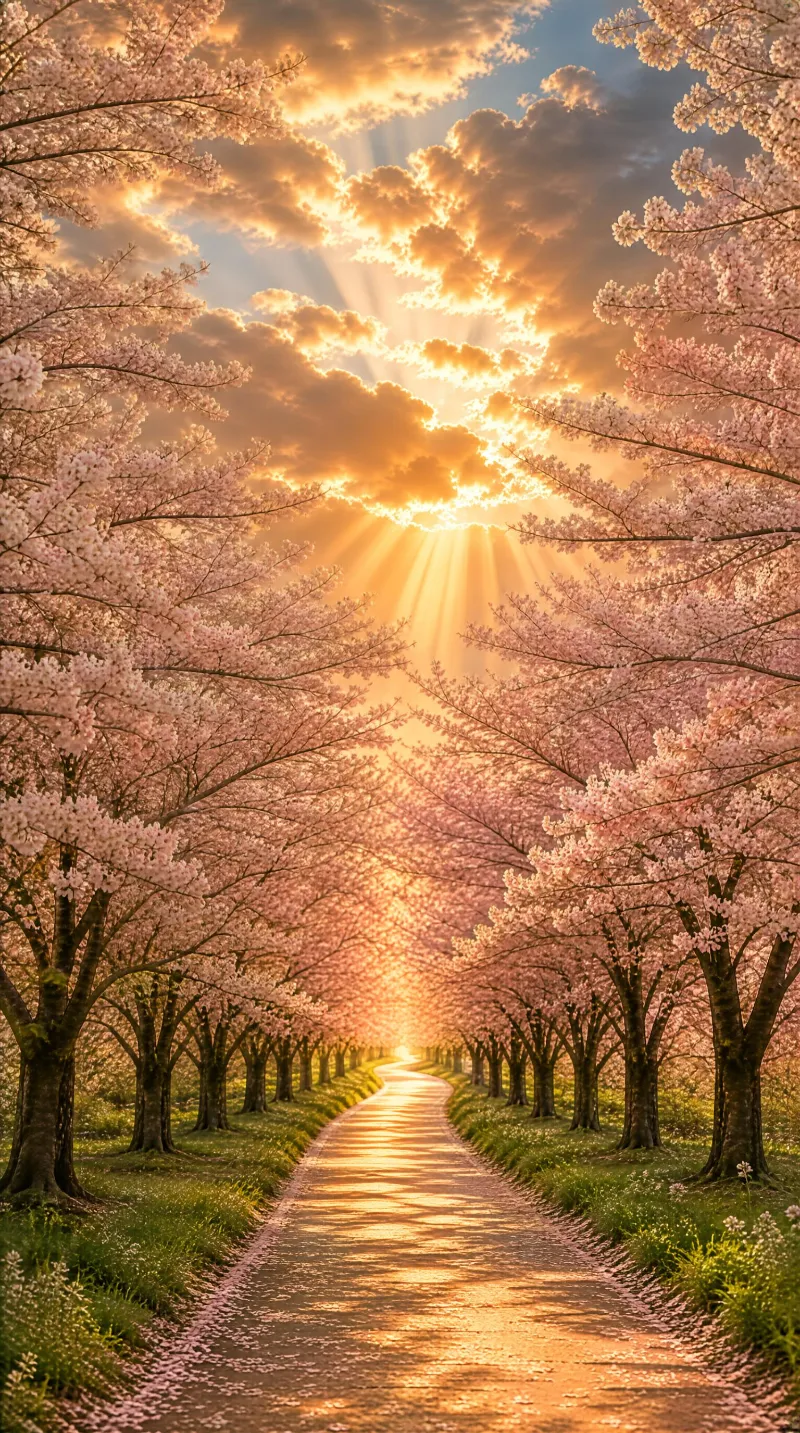 Cherry Blossom Path at Sunset
