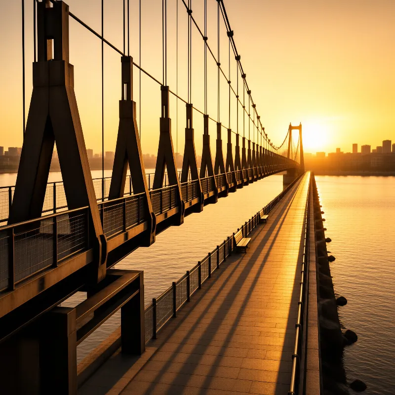 A suspension bridge spans a river at sunset, its walkway lined with shadows and a city skyline glowing in the distance.