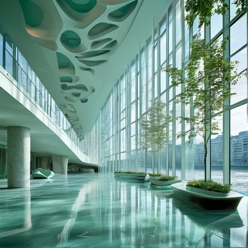 A spacious interior features glass walls, reflective floors, and indoor trees in sleek planters under soft lighting.