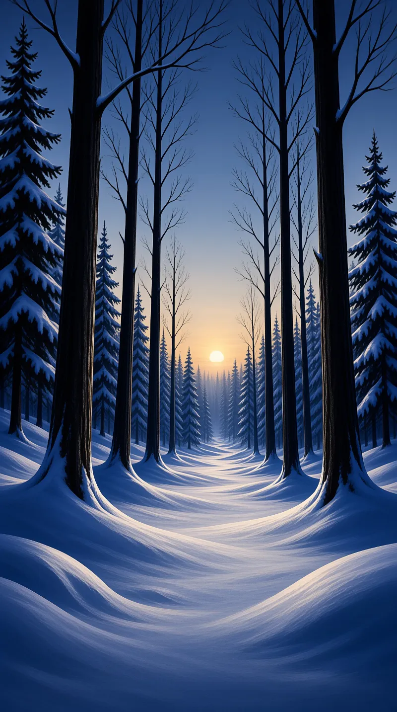 A winding trail of white snow cuts between dark vertical trunks while a bright orb rises near the treeline.