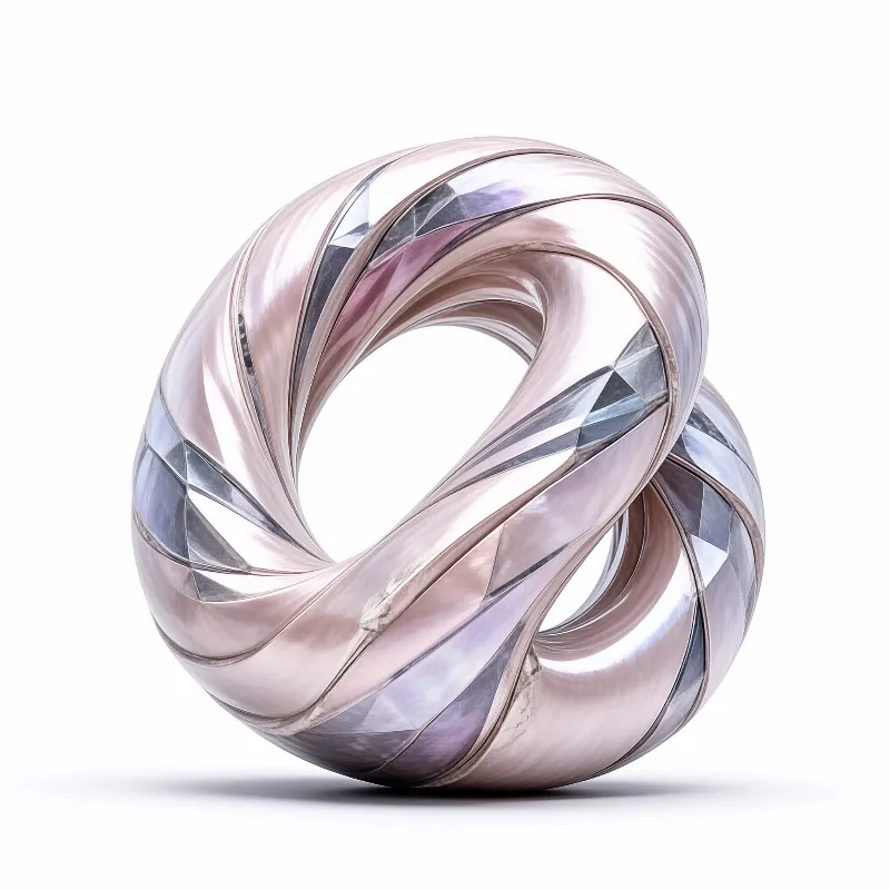 A glossy pink and silver loop sculpture twists into a soft knot on a pale studio surface