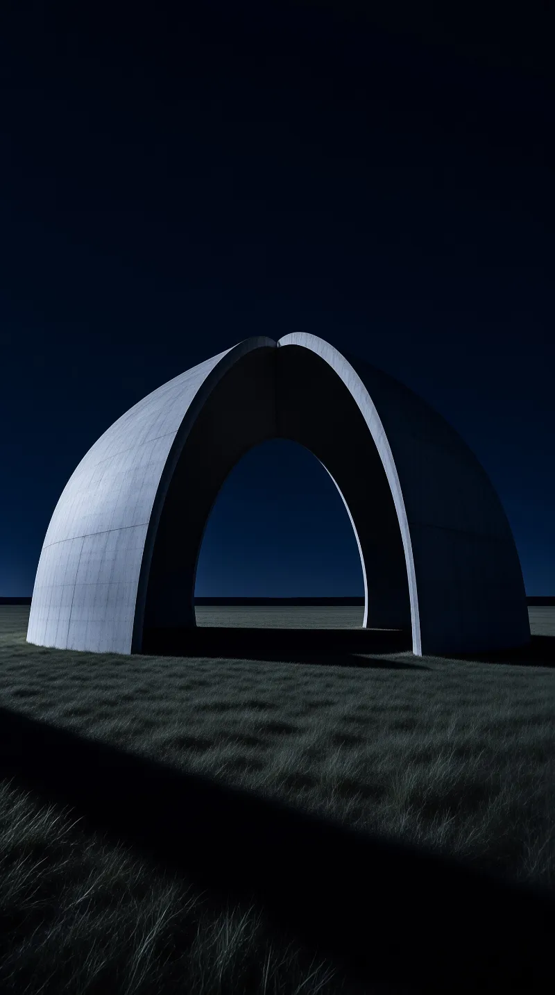 A large white arch-shaped monument stands alone in a dark grassy field under a deep blue evening sky.