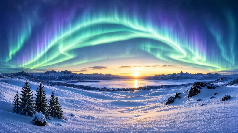 Aurora Borealis Over Snowy Mountains