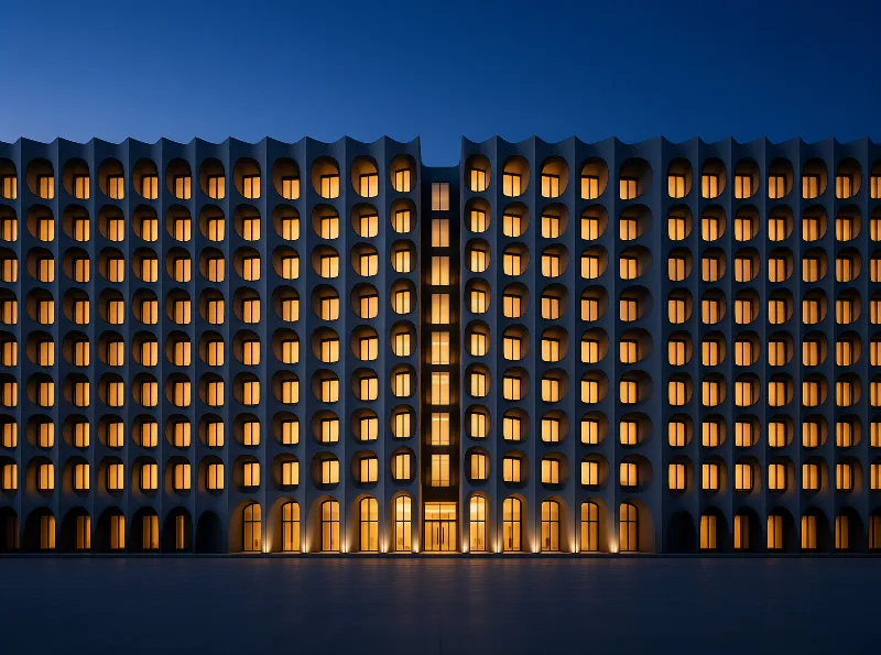 A rhythmic concrete building facade features rows of glowing arched windows against a deep blue twilight sky.