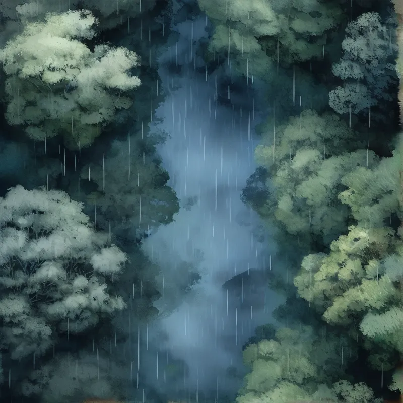 Dense forest with lush green foliage frames a central clearing where rain falls through misty blue air.