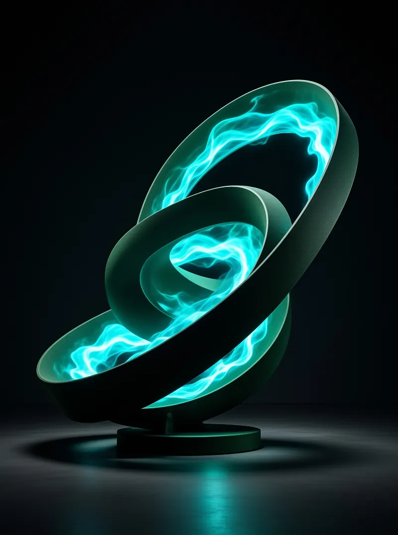 A looped dark tubular sculpture rests on a round pedestal in a dark empty studio, filled with swirling bright cyan plasma light.