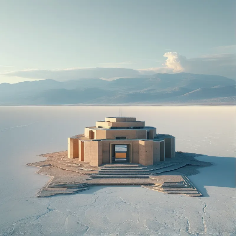 A massive tiered building stands on a platform in the middle of a vast white salt flat with mountains in the distance.