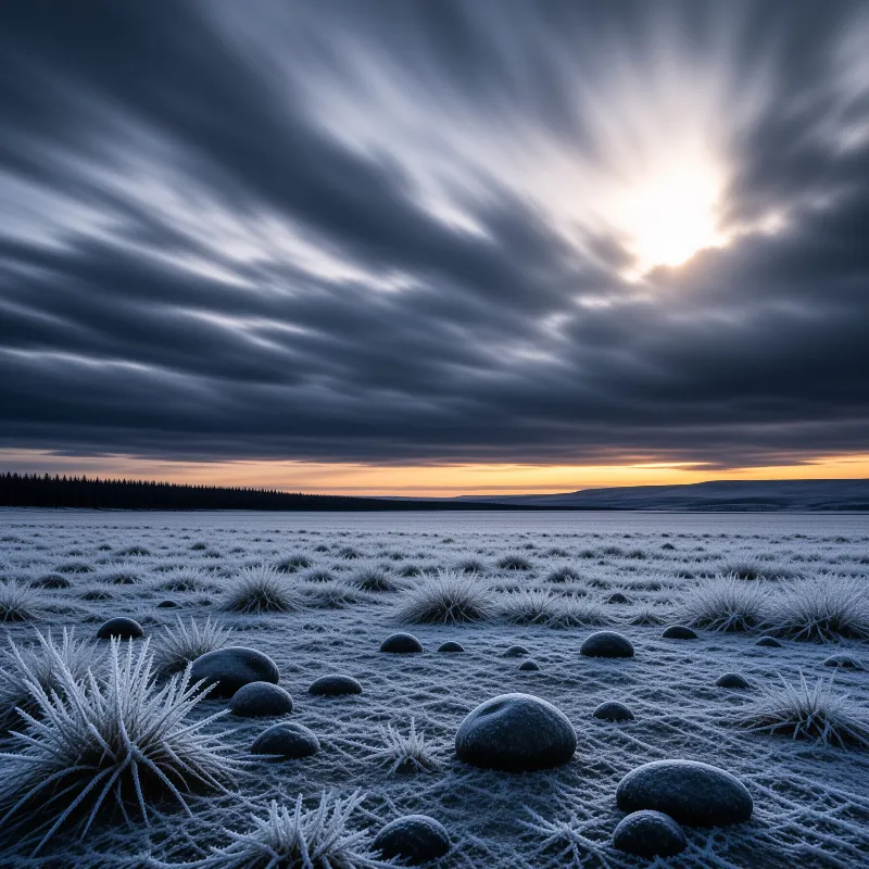 Round stones and spiky frosted tufts dot a frozen meadow while sunlit clouds streak above a distant orange horizon.