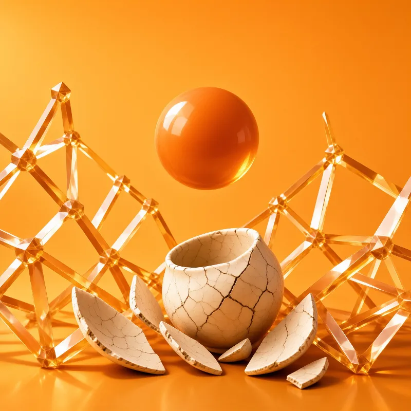 A crazed white porcelain vessel sits on an orange set beside faceted glass frames and a floating sphere.