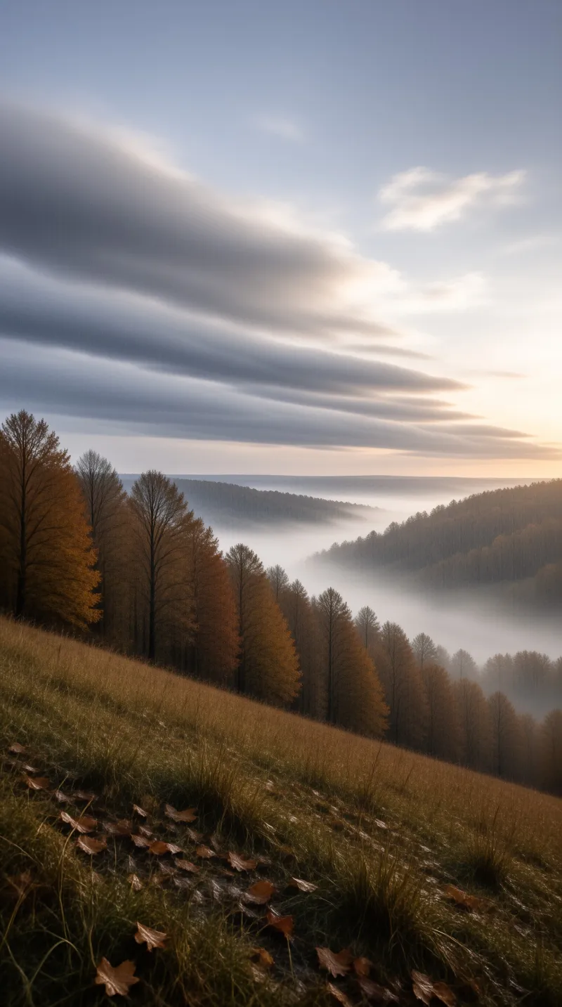 Tall larches in amber foliage line a grassy slope over a valley filled with soft morning fog.
