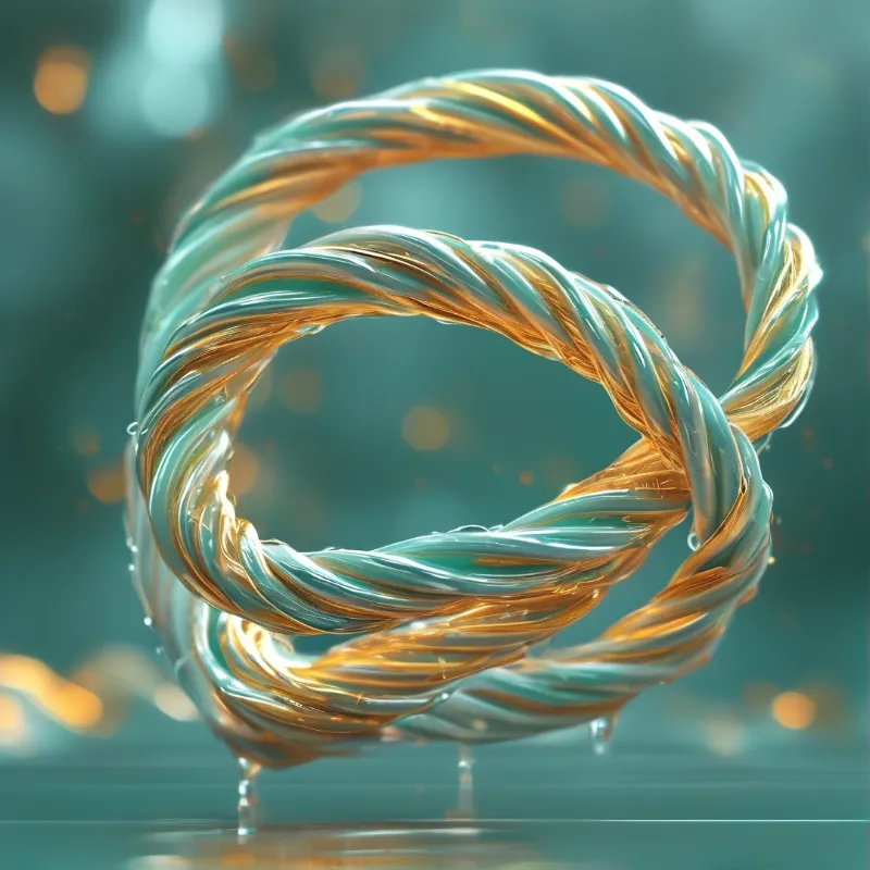 Two interlocked rings of twisted teal and gold strands glisten above a dark reflective surface.
