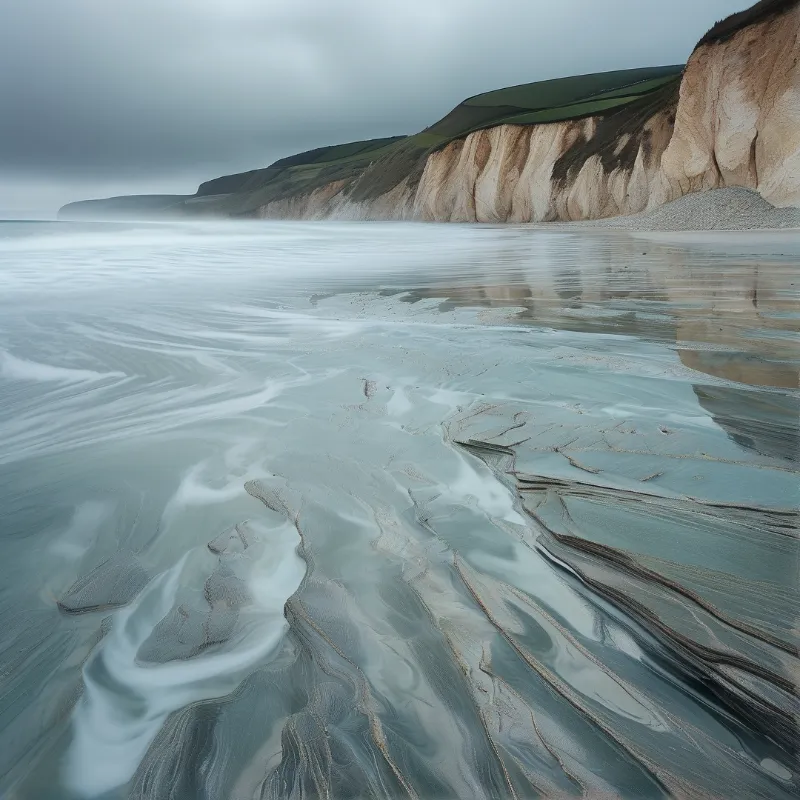Steep white cliffs stand beside a sandy shore where sea water flows with a soft, silky texture beneath a cloudy sky.