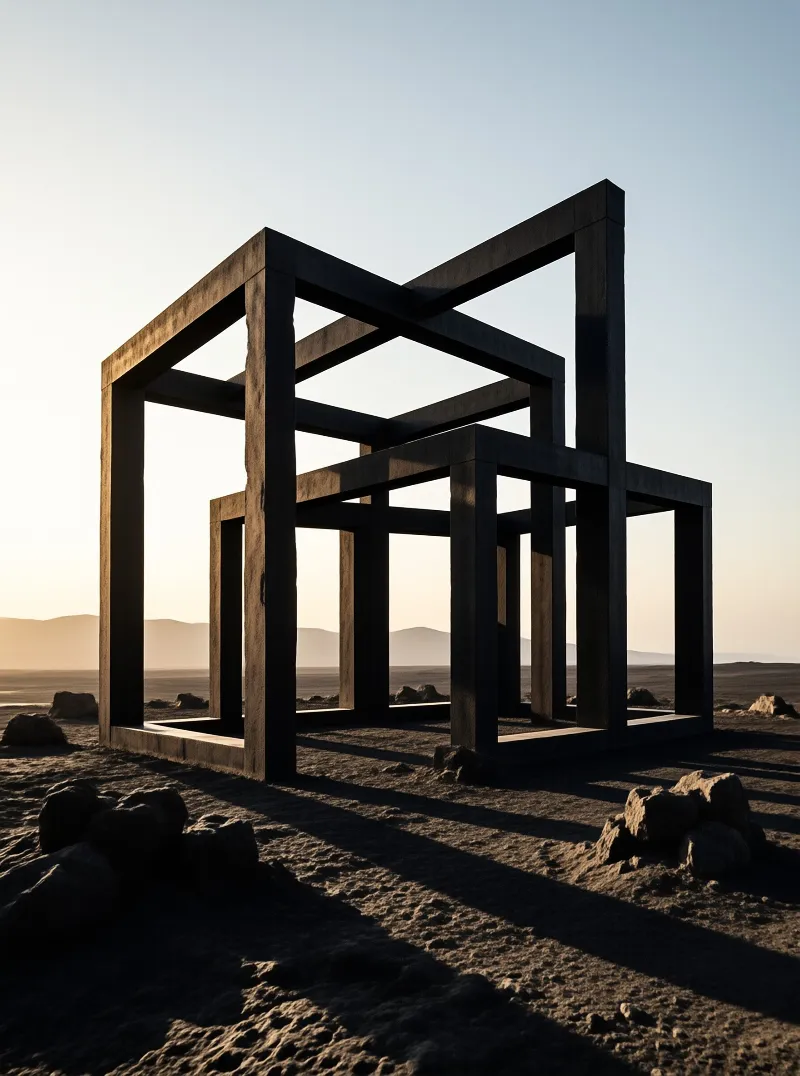 Large intersecting concrete beams form an abstract sculpture casting long shadows across a flat desert landscape.