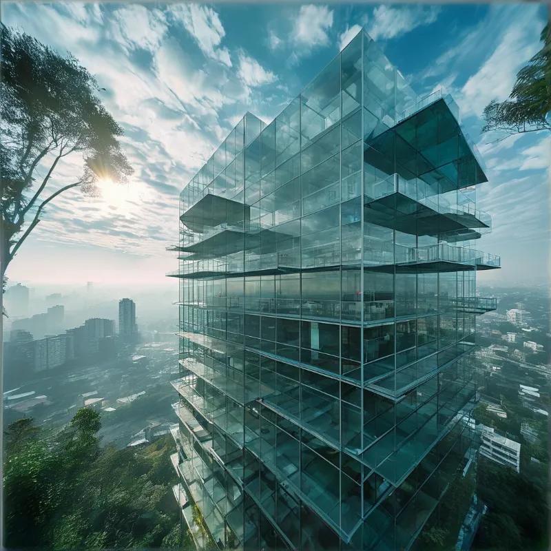 A modern glass building stands high above a foggy city with sunlight shining through trees.