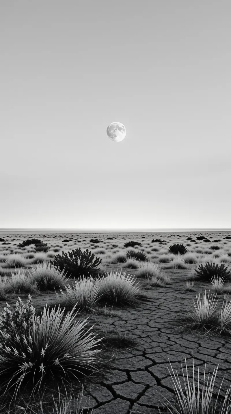 A black and white scene of dry cracked earth dotted with sparse grass beneath a small full moon in an empty pale sky.