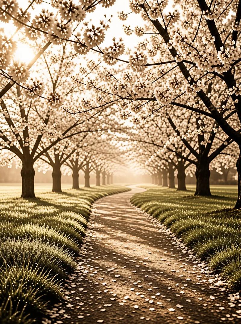 A winding path curves between blooming cherry trees under warm golden sunlight, with scattered petals covering the ground.