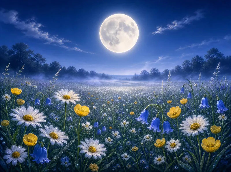 Moonlit Flower Field at Night