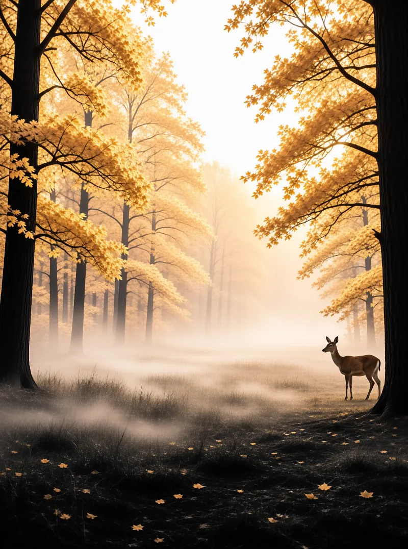 A brown deer stands alert in a foggy woodland filled with bright yellow leaves and warm morning rays.